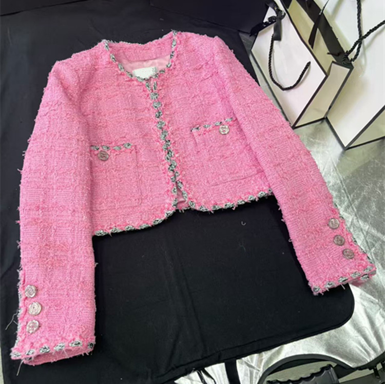 Women'S Fashion Long Coat - معطف تويد وردي بأكمام طويلة وجيوب،