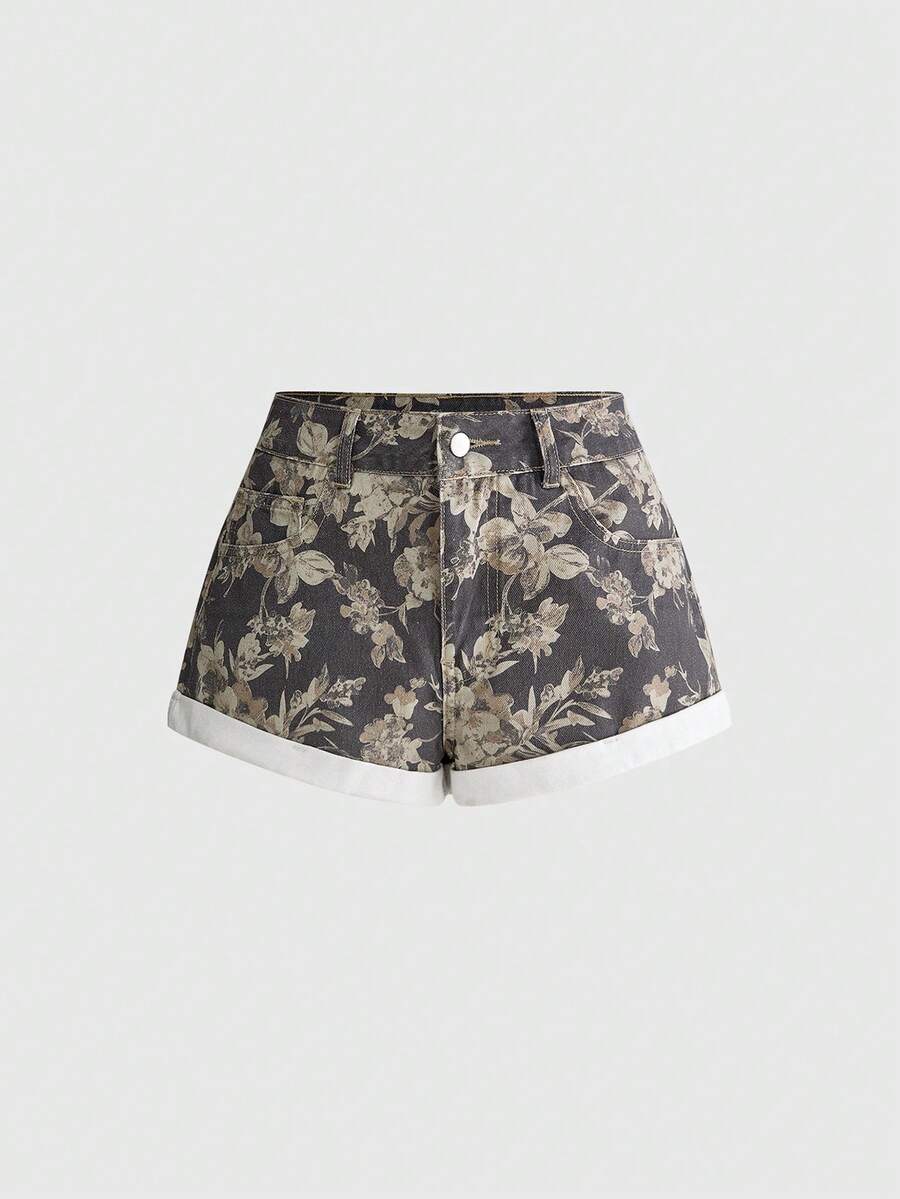 Denim Shorts Women - شورت جينز نسائي بطباعة زهور وخصر