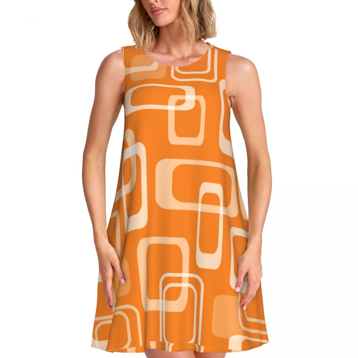 Women'S Fashion Of The 60S - فستان برتقالي ريترو موديل الستينيات بطبعة