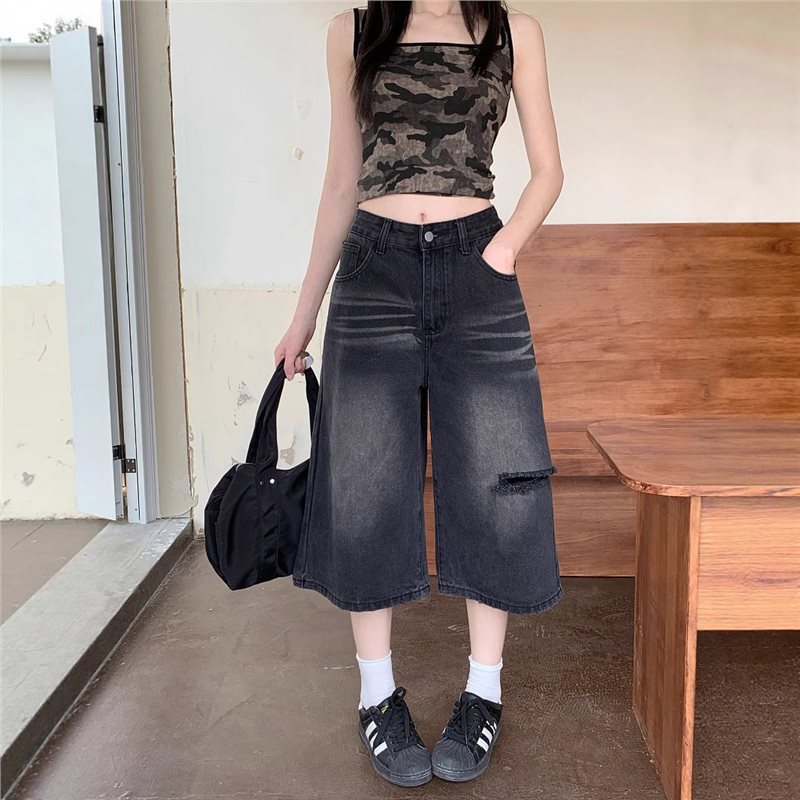Denim Shorts Women - جينز نسائي ممزق بفتحات، بطول الساق،